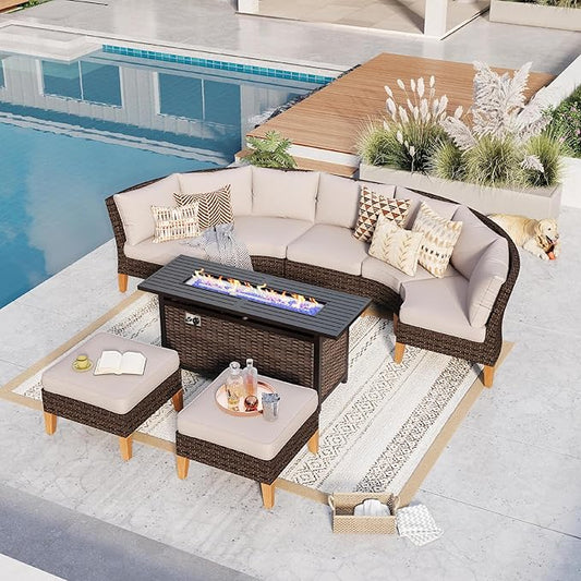 GREEN PARTY 7 Pieces Wicker Patio Furniture Set with 56" Fire Pit Table, All-Weather Outdoor Rattan Patio Half-Moon Curved Sectional Sofa Conversation Set for Garden, Backyard
