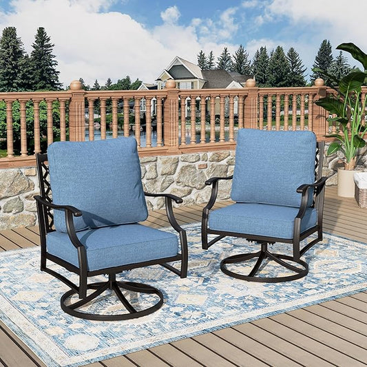 Swivel Patio Chairs Set of 2, High Back Outdoor Swivel Patio Metal Chairs with 5.75" Thick Cushions for Bistro Balcony Porch Deck and Yard, Navy Blue