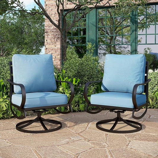 PHI VILLA Patio Furniture Chair Set for 2, Deluxe Outdoor Conversation Set with 2 Swivel Padded Sofa Chair, Full Metal with 5.8" Cushion for Deck, Lawn, Garden(Blue)