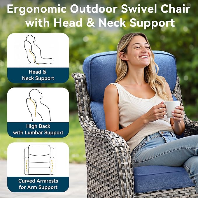 Luxury High Back Outdoor Furniture with 6-Inch Thick Cushions, Patio Furniture Set with Swivel Chairs, 4 PCS Wicker Conversation Set for Porch, Balcony, Deck and Yard