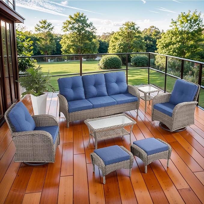 7 Piece Patio Furniture Set - Wicker Patio Conversation Set with Swivel Glider, 3 Seat Sofa, 2 Ottomans, Glass Side Table and Coffee Table for Deck Backyard - Grey Wicker Blue Cushion