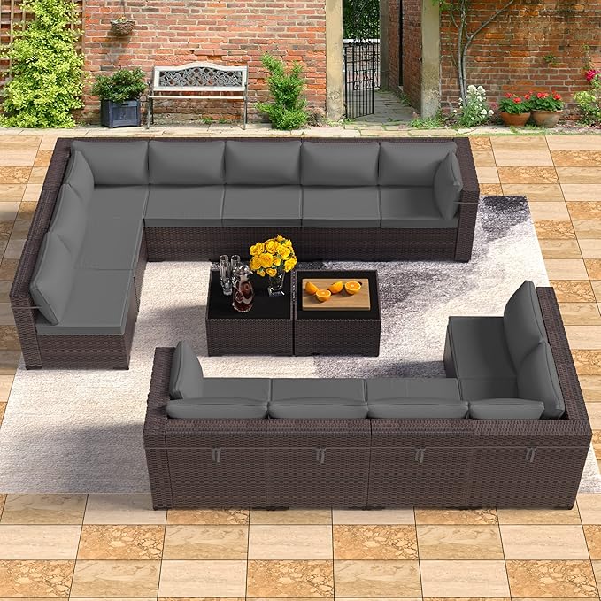 Outdoor Patio Furniture Set, 14 Pieces Outdoor Furniture All Weather Patio Sectional Sofa PE Wicker Modular Conversation Sets with Coffee Table,12 Chairs & Seat Clips(Grey)