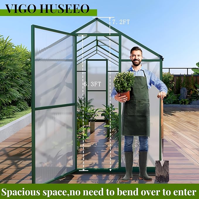 72*120in Greenhouse for Outdoors, Polycarbonate Greenhouse with Stronger Wind Protection and Roof Vent, Walk-in Large Aluminum Sunroom Winter Proof, Green