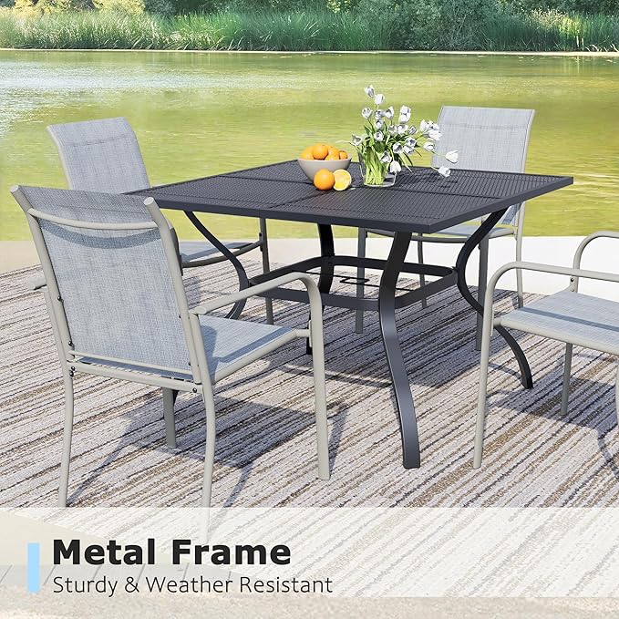 5 Pieces Sqaure Dining Table Set for 4, Patio Dining Set Includes 4 Beige Blue Stackable Patio Chairs and 1 Black Mesh Square Table, Patio Furniture Sets with Sling Support for Outside, Garden