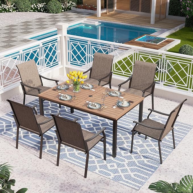 PHI VILLA 7 pcs Patio Outdoor Dining Table and Chairs,Sling Chairs with Textilene Fabric and Large Metal Table with Wooden Table Top,Durable and SturdyOutdoor Furniture Set for Outside,Garden