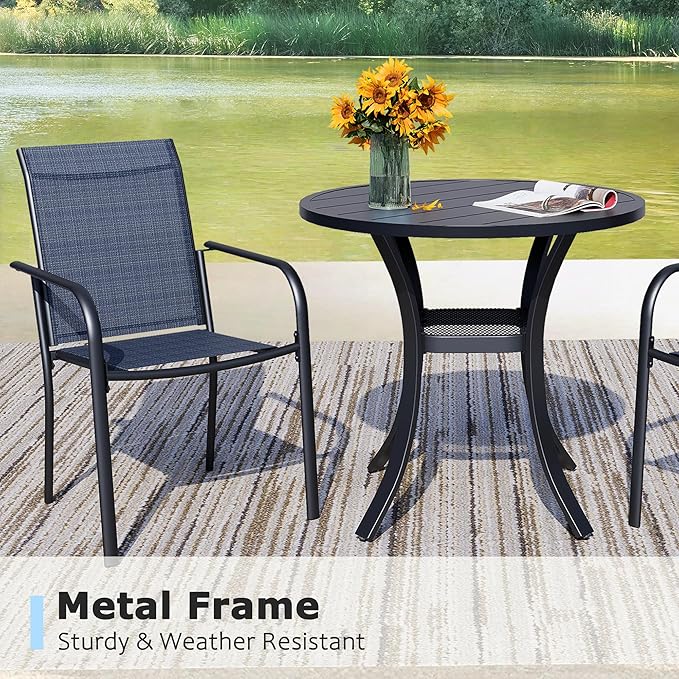 3 Pieces Round Dining Table Set for 2, Patio Dining Set Includes 2 Dark Blue Stackable Patio Chairs and 27.6" Black Metal Round Table, Patio Furniture Sets with Sling Support for Outside, Garden