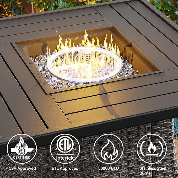 5-Piece Patio Furniture Set Includes 4 Swivel Rocker Chair and 1 Fire Pit, Wicker Conversation Set with Cushion Blue