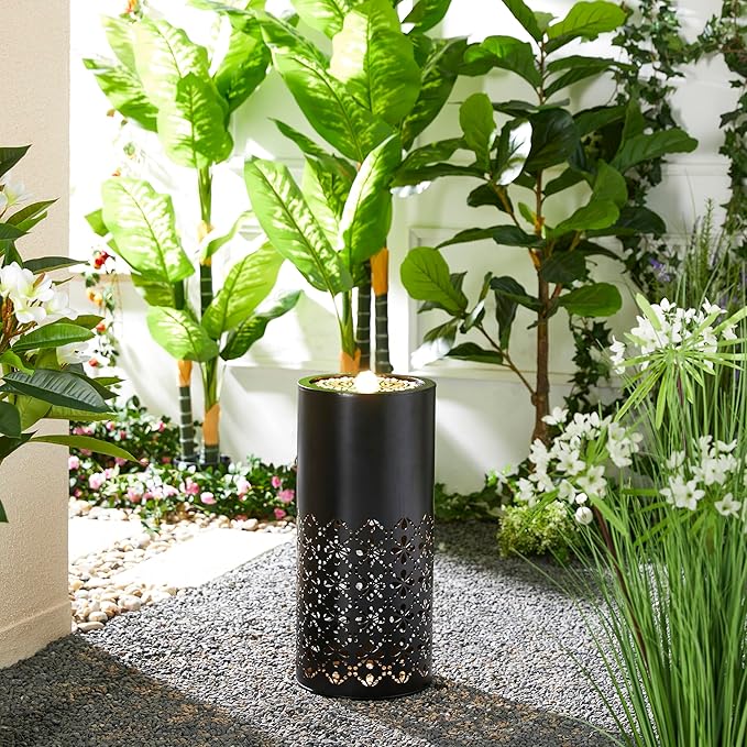 Glitzhome Modern Metal Cutout Water Fountain with Pump, Adapter and LED Light, Black Cutout Bird Bath Garden Outdoor Fountain and Waterfalls, Freestanding Fountains for Patio Backyard Decor, 23.5''H