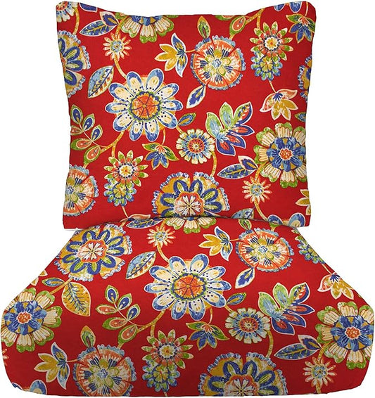 RSH DECOR Deep Seating Cushion with Pillow Back | 25” x 25.5” Seat | Water and Fade-Resistant Spun Fabric | Outdoor Chair Cushion Set for Patio Furniture | Daelyn Cherry
