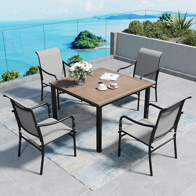 Patio Table and Chairs Set of 4, All-Weather Breathable Textilene Patio Chair with Gourd-Shaped Armrests, 42x42 Wood-Like Table with Umbrella Hole, 5 Pcs Metal Frame Patio Dining Set