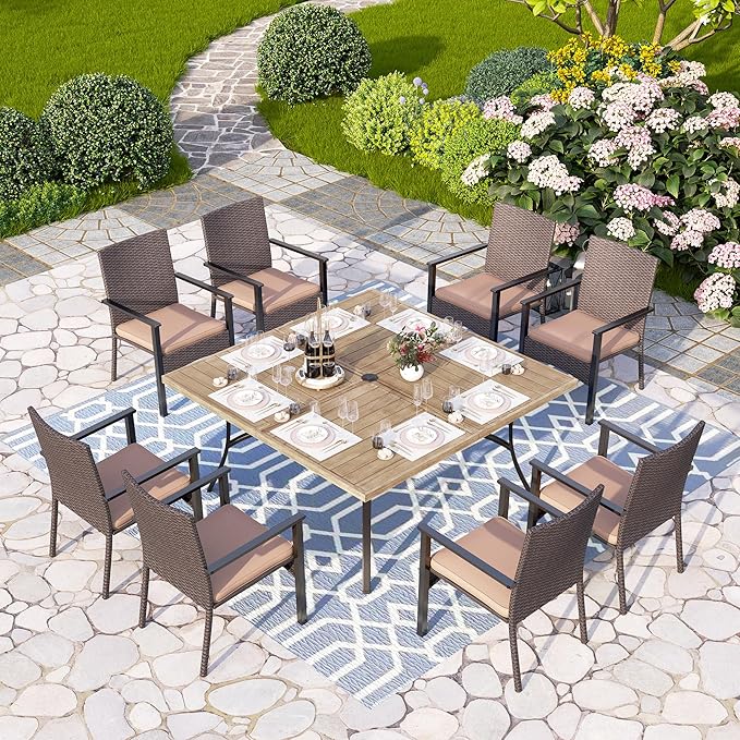 PHI VILLA 9 Pieces Patio Dining Set for 8, 60” Wood-Like Large Square Metal Steel Dining Table & Rattan Wicker Chairs with Cushions, Outdoor Dining Furniture for Deck, Yard, Porch