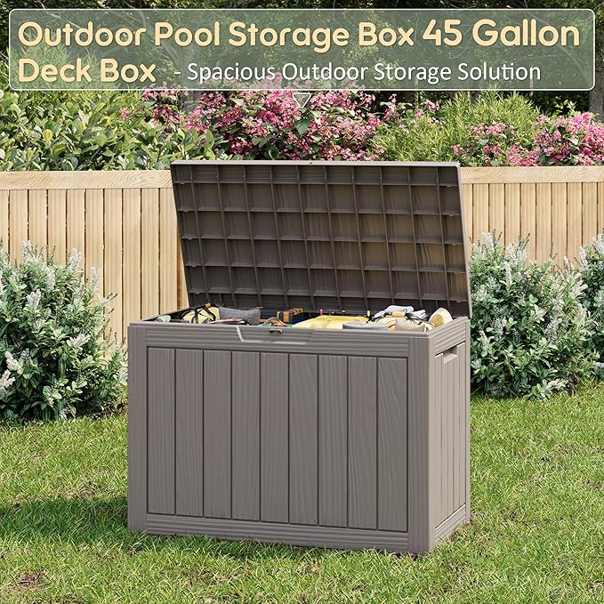 Outdoor Storage Box, 45 Gallon Outside Deck Box Waterproof,Resin Outdoor Storage Cabinet With Lockable Lid,Backyard Storage Bench For Garden Tools,Patio Cushions, Pool Tools, Package Delivery