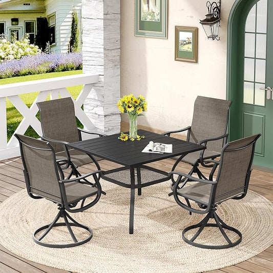 DIFY 5 Pieces Outdoor Patio Dining Set for 4, 37.8" Black Metal Square Dining Table and 4 Brown Textilene Patio Swivel Chairs, Outdoor Table and Chairs