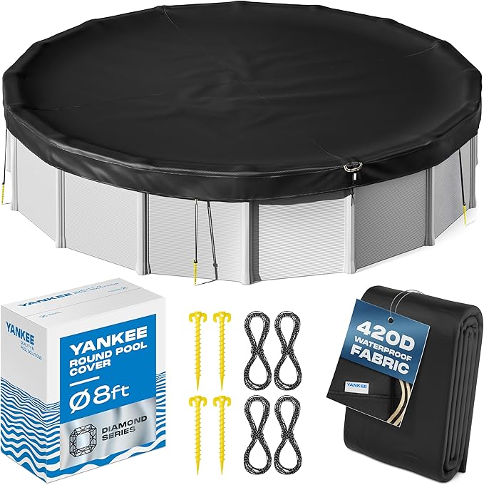 Yankee Diamond Series Pool Covers for Above Ground Pools | All-Weather, Windproof, Light 8ft Round Pool Cover w/ 4 Screw-in Pegs, 4 Ropes | 3 Mounting Methods, Strong Fastenings for Triple Protection
