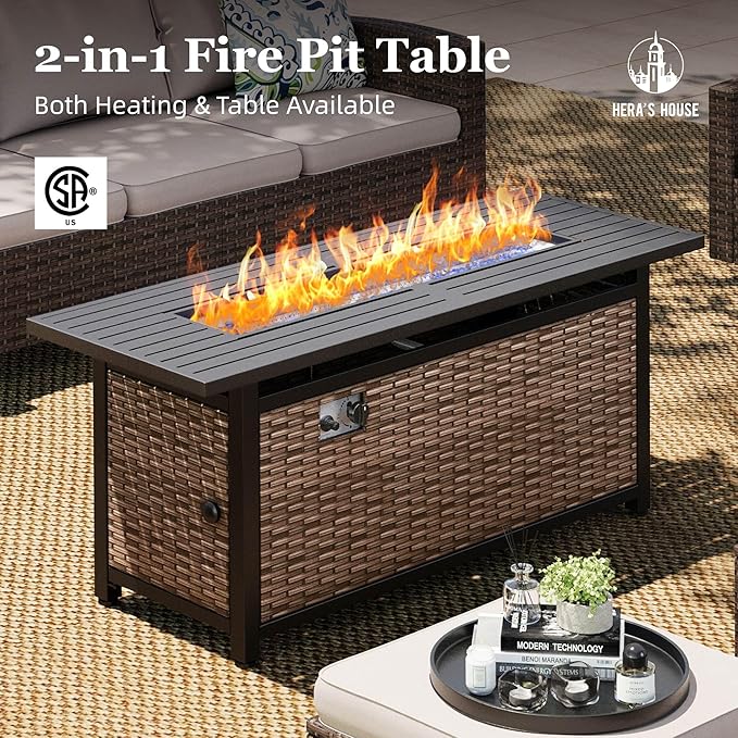 HERA'S HOUSE Patio Furniture Set with 56" Fire Pit Table, Outdoor Patio Conversation Sets, 6 Pieces 7 Seats Wicker Outside Sectional Sofa Set for Lawn Backyard Deck