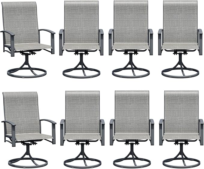 Patio Swivel Chairs Set of 8, Outdoor Swivel Chairs with Armrest, High Back Patio Chair with Metal Frame, All-Weather Outdoor Dining Chair for Deck, Porch and Lawn, Grey
