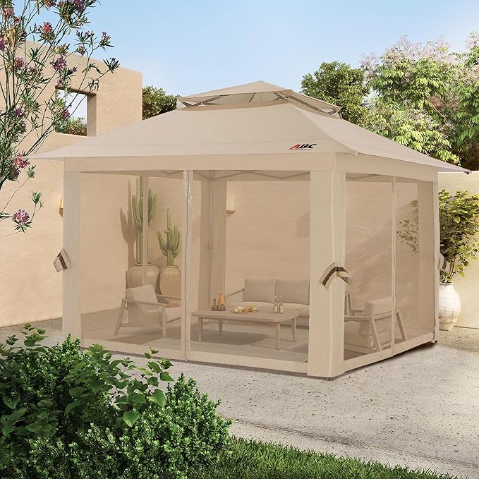 ABCCANOPY 13x13 Pop Up Gazebo, Outdoor Canopy Tent, Instant Screened Shelter with Mosquito Netting for Patio, Garden, Backyard, Party, Camping (Khaki)