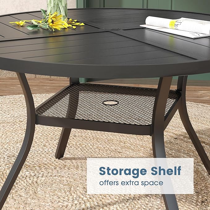 DIFY 7 Pieces Outdoor Patio Dining Set, 6 Brown Textilene Swivel Dining Chairs and 47.2" Black Round Metal Dining Table, Outdoor Table and Chairs