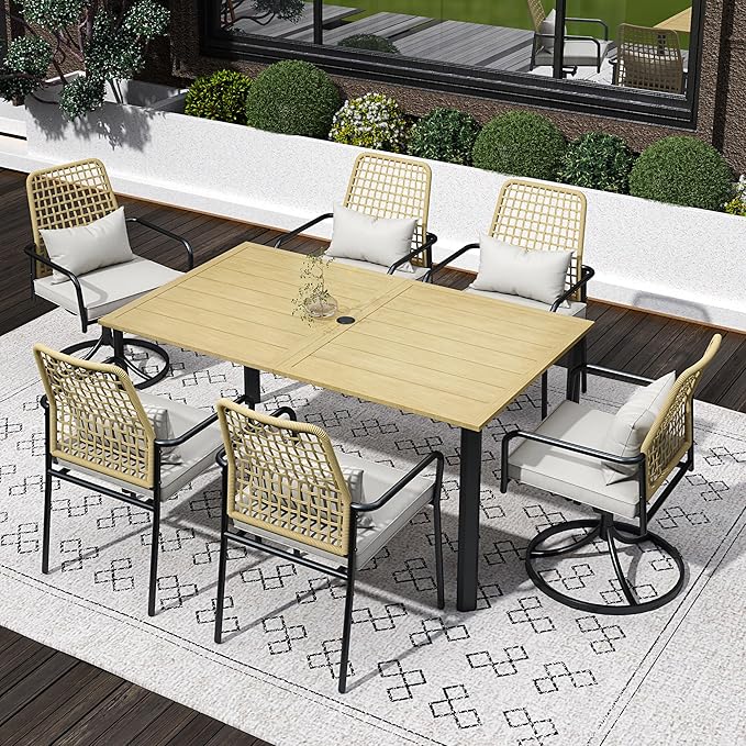 7-Piece Patio Dining Set, 63" Rectangular Table with 4 Stackable and 2 Swivel Rattan Chairs, Gray Cushions