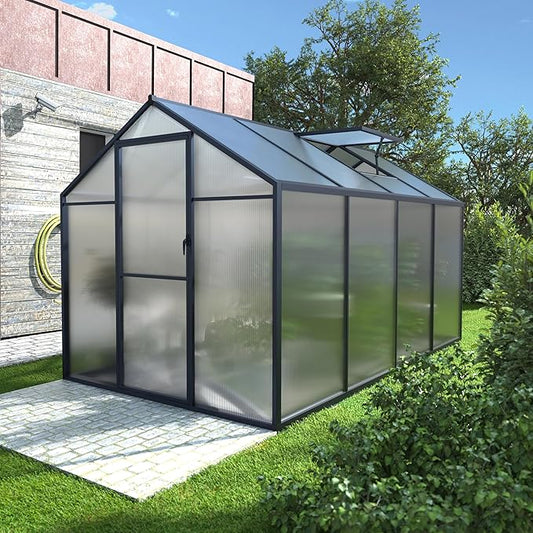 Mupater 6x8 FT Aluminum Frame Greenhouse, Heavy-Duty Polycarbonate Greenhouse with Lockable Door and Adjustable Roof Vent, Walk-in Green House Kit for Outdoors, Garden, Lawn, Backyard, Grey