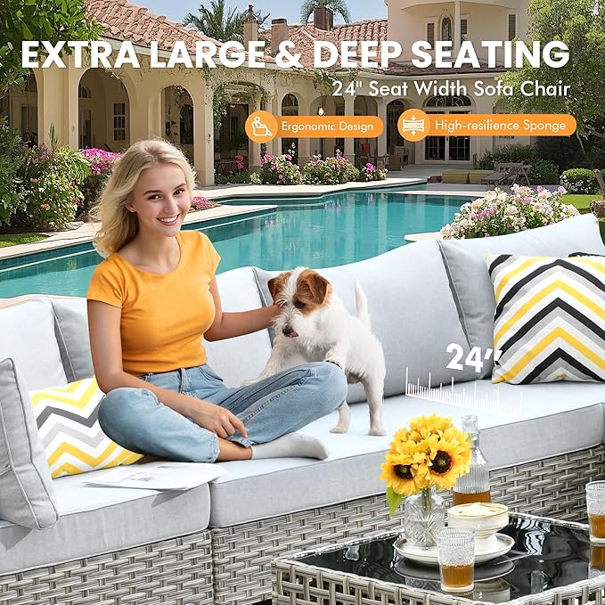 Outdoor Sectional Patio Furniture Set with Fire Pit Table and Glowing Table,6 Pieces Wicker Conversation Sets L Shaped Couch Out Door Sofa Set Outside Furniture for Garden Deck Yard,Grey