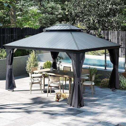 Outdoor Hardtop Gazebo for Patio 10x12FT with Resin-Galvanized Steel Roof, Metal Hard Top Gazebo with Gutters, Heavy Duty Gazebos All Season with Curtains & Netting, for Deck, Backyard, Hot Tub