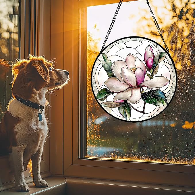 Stained Glass Window Hanging - Pink Magnolia Flower Petal Suncatcher for Doors Window Home Sun Catchers Decor Christmas Mother's Day Birthday Gifts for Teacher Women Men Mom Nana 14.9 in