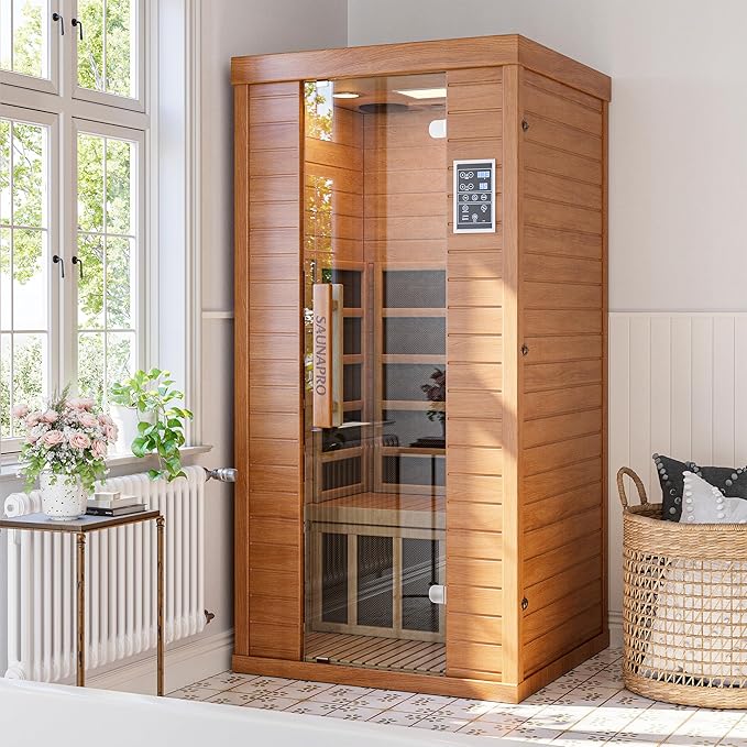 1- Person Infrared Sauna, Remotely Controllable Indoor Sauna, Low EMF 1200W/120V LCD Heater, WiFi & BT Control, 9-Color Light Therapy, Safe Flame-Retardant Material, Wood