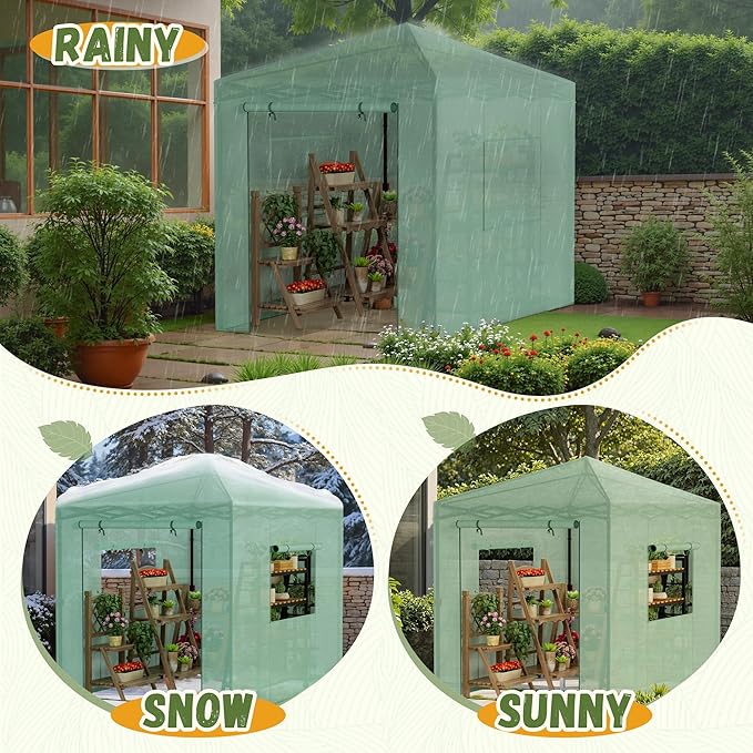 Devoko Walk-in Greenhouse, Instant Pop Up Green House for Outdoors with Zippered Door and 2 Roll-up Windows, PE Cover, Portable and Easy Assemble (Green, 8x6 Feet)