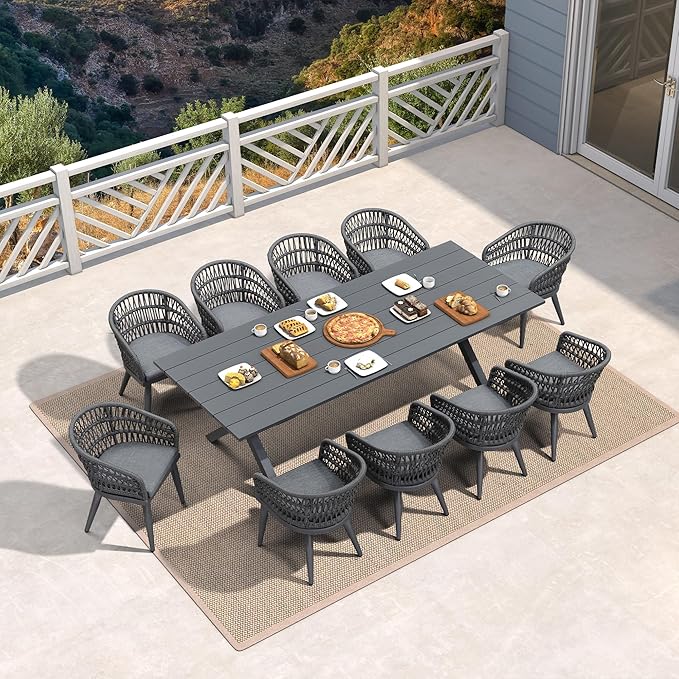 PURPLE LEAF 11 Pieces Outdoor Dining Set All-Weather PE Rattan Outdoor Patio Furniture Set with All Aluminum Frame Rectangular Table and Chairs Set for Lawn Garden Backyard Deck, Grey