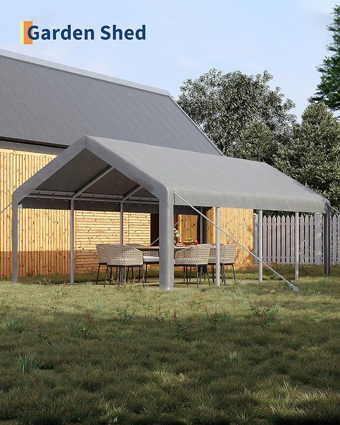 GarveeLife 13x25 ft Carport with 10 Sandbags, Car Port with 220 g PE Tarp, 2 Roll-Up Doors, and 4 Windows, for Full-Size Pickups, Bass Boats, Tractors, and SUVs, Gray