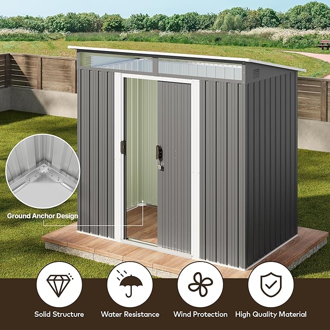 Gizoon 6'x4' Outdoor Storage Shed Metal Garden Shed with Sliding Lockable Doors, Versatile Tool Bike Shed with Transparent Panel Windows, Outdoor Storage Clearance for Backyard, Patio, Dark Gray