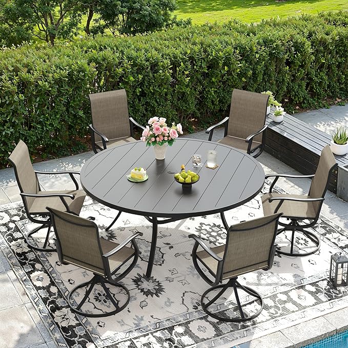 DIFY 7 Pieces Outdoor Patio Dining Set, 6 Brown Textilene Swivel Dining Chairs and 53" Black Round Metal Dining Table, Outdoor Table and Chairs