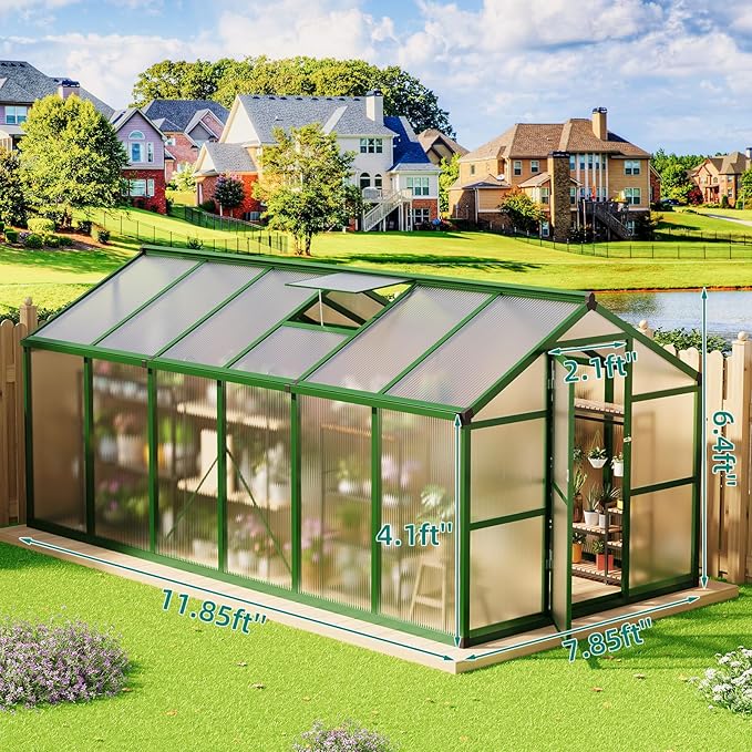 8 x 12 FT Greenhouse, Heavy-Duty Polycarbonate Large Walk-in Greenhouse Roof Vent ,Aluminum Frame & Lockable Door, for Backyard, Green Houses for Outside Garden Backyard