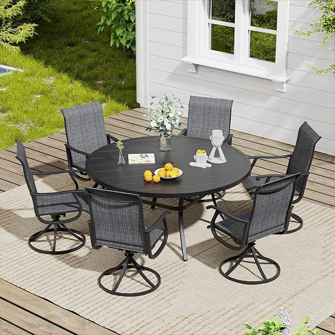 VICLLAX 7 Pieces Outdoor Dining Set, Patio Furniture Set of 6 Patio Swivel Dining Chairs and 50" Patio Round Table for Backyard, Dark Charcoal Chairs & Black Tabletop
