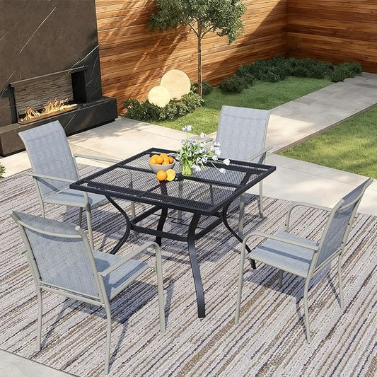 5 Pieces Sqaure Dining Table Set for 4, Patio Dining Set Includes 4 Beige Blue Stackable Patio Chairs and 1 Black Mesh Square Table, Patio Furniture Sets with Sling Support for Outside, Garden