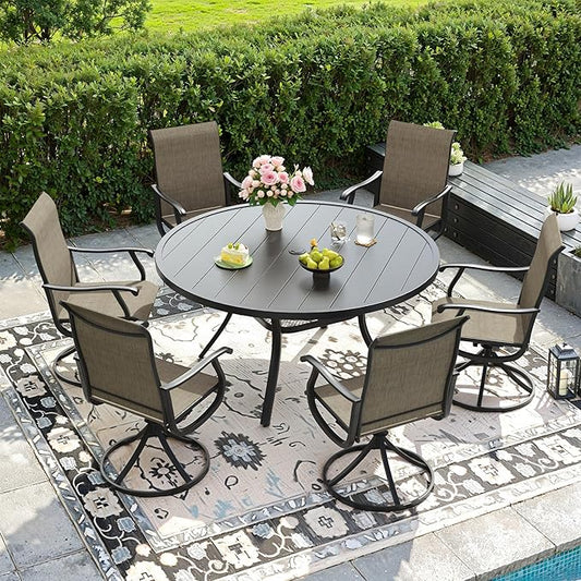 DIFY 7 Pieces Outdoor Patio Dining Set, 6 Brown Textilene Swivel Dining Chairs and 47.2" Black Round Dining Table, Metal Outdoor Table and Chairs