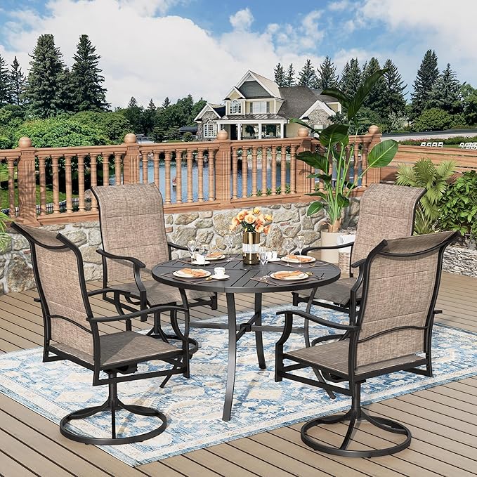 5 Pieces Patio Dining Set, Outdoor Table and Chairs, 4 x Textilene Swivel Dining Chairs and 42" Round Black Table, with 1.57" Umbrella Hole, for Cozy Garden Settings, Grey-Brown