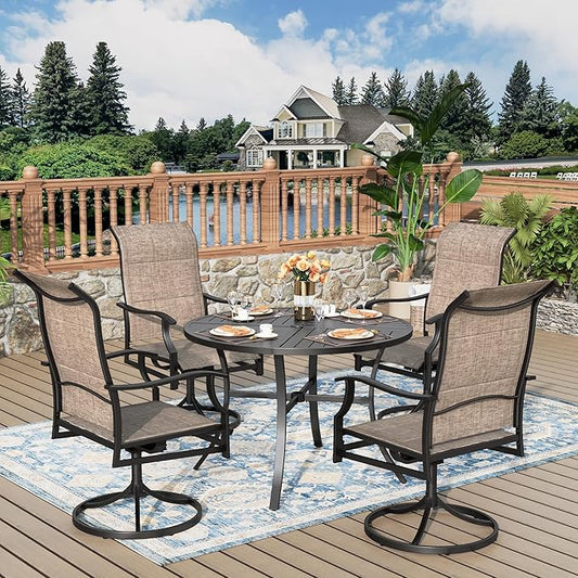 5 Pieces Patio Dining Set, Outdoor Table and Chairs, 4 x Textilene Swivel Dining Chairs and 42" Round Black Table, with 1.57" Umbrella Hole, for Cozy Garden Settings, Grey-Brown