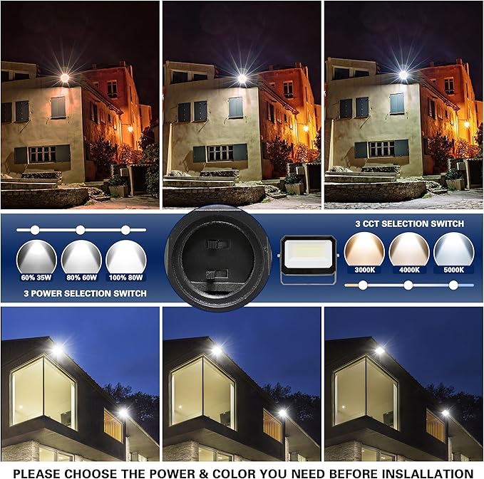 LAMPHOME LED Flood Lights Outdoor 35/60/80W and 3000/4000/5000K Adjustable 10400Lm,Dusk-to-Dawn Sensor o Dawn Flood Light for Yard, Garage, Garden,UL Listed,Includes Include Slip Fitter Mount