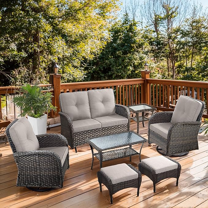 7 Piece Patio Furniture Set - Wicker Patio Conversation Set with Swivel Glider, Glider Loveseat, Tempered Glass Side Table and 2 Ottomans for Deck Backyard - Brown Wicker Beige Cushion