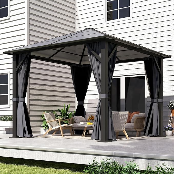 10x10FT Gazebo Hardtop, Outdoor Patio Gazebos with Polycarbonate Roof & Steel Frame, Outdoor Pavilion with Gray Curtain&Netting for Backyard/Lawn/Garden/Deck