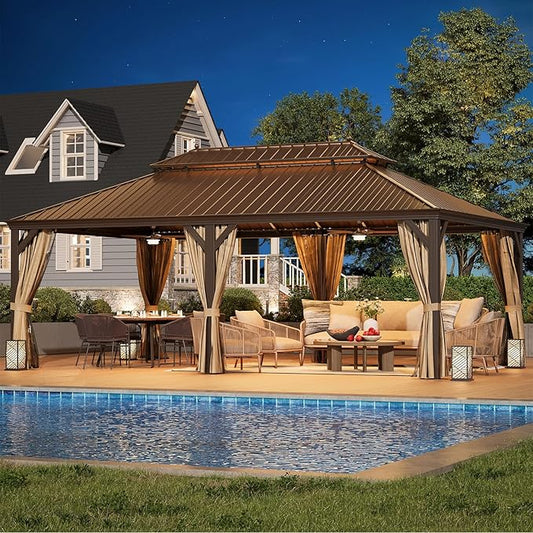 YOLENY 14'x24' Hardtop Gazebo,Galvanized Steel Double Roof Gazebos with Aluminum Frame, Permanent Metal Pavilion with Netting and Curtains for Patio Backyard Deck and Lawns