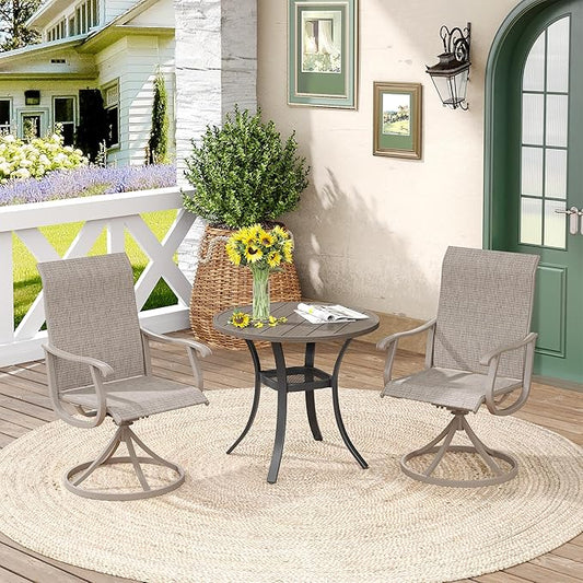 DIFY 3 Pieces Outdoor Patio Bistro Dining Set, 2 Sandshell Textilene Swivel Dining Chairs and 27.6" Grey Wood-Like Small Round Dining Table, Outdoor Table and Chairs