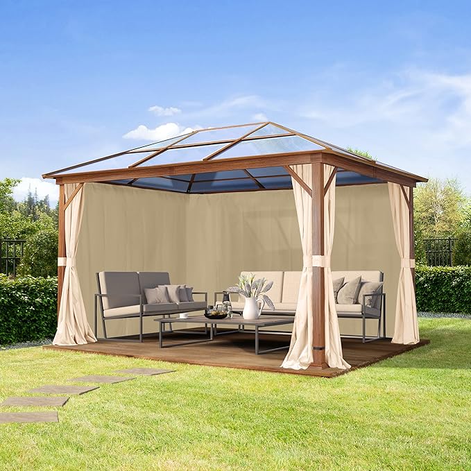 TOOLPORT Hardtop Gazebo 10x13 ft with Polycarbonate Roof - Wood-Like Finish - 4 Side Panels in Champagne