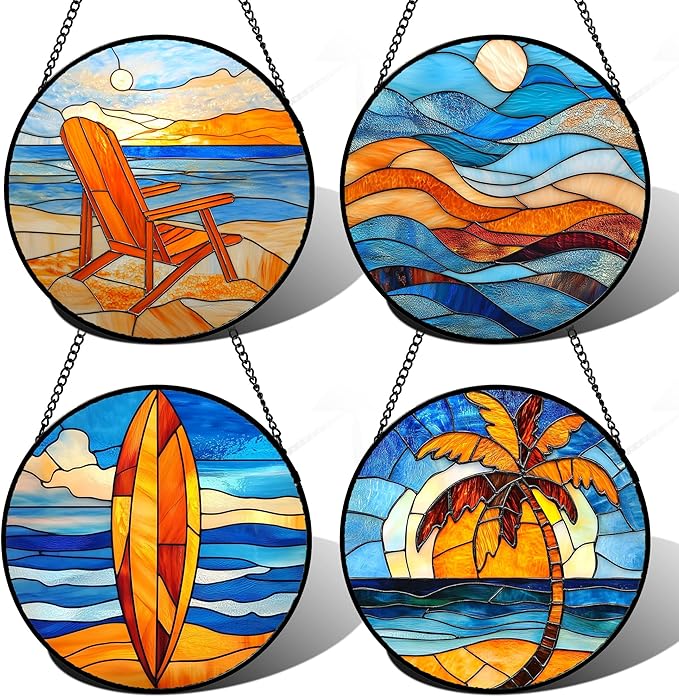 Stained Glass Window Hanging 4 Pcs Set Blue Orange Ocean Beach Theme 7.8" - Suncatcher Door Garden Sun Catcher Decor Birthday Christmas for Mom Woman Nana Men Wife