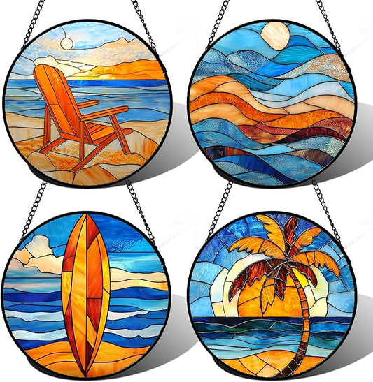Stained Glass Window Hanging 4 Pcs Set Blue Orange Ocean Beach Theme 6.3" - Suncatcher Door Garden Sun Catcher Decor Birthday Christmas for Mom Woman Nana Men Wife