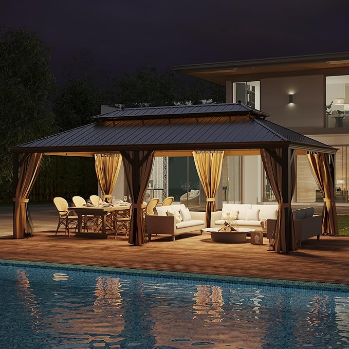 14' X 22' Hardtop Gazebo, Outdoor Galvanized Steel Double Roof Permanent Aluminum Frame Pavilion Pergola Canopy with Privacy Curtains for Garden, Patio, Backyard, Deck and Lawns.