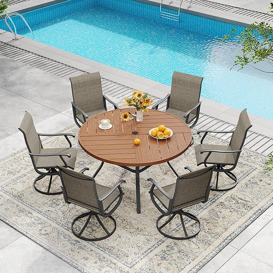 DIFY 7 Pieces Outdoor Patio Dining Set, 6 Brown Textilene Swivel Dining Chairs and 47.2" Walnut Round Metal Dining Table, Outdoor Table and Chairs