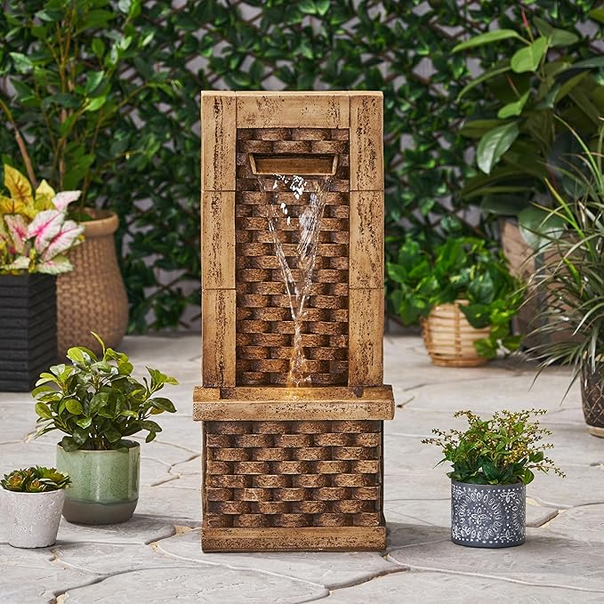 Merax 35.25" High Wall Tower Fountain,Weather-Resistant Outdoor Fountain with LED Lights, Light Brown Faux Stone, Garden Fountain for Patio, Yard, or Entryway